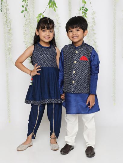 Boy - Blue Kurta with Jaal Design Jacket & Pyjama
