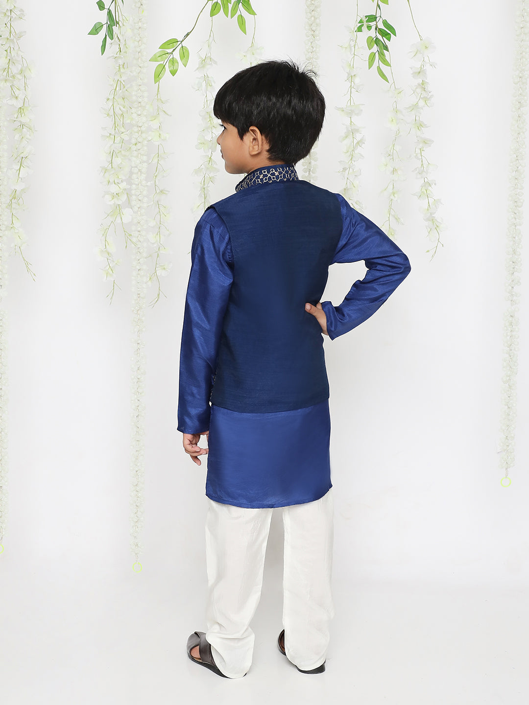 Boy - Blue Kurta with Jaal Design Jacket & Pyjama