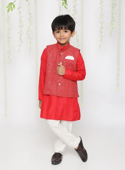 Boy - Red Kurta with Jaal Design Jacket & Pyjama