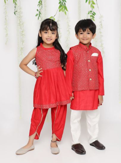 Boy - Red Kurta with Jaal Design Jacket & Pyjama