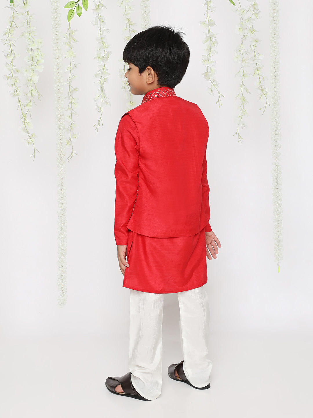 Boy - Red Kurta with Jaal Design Jacket & Pyjama
