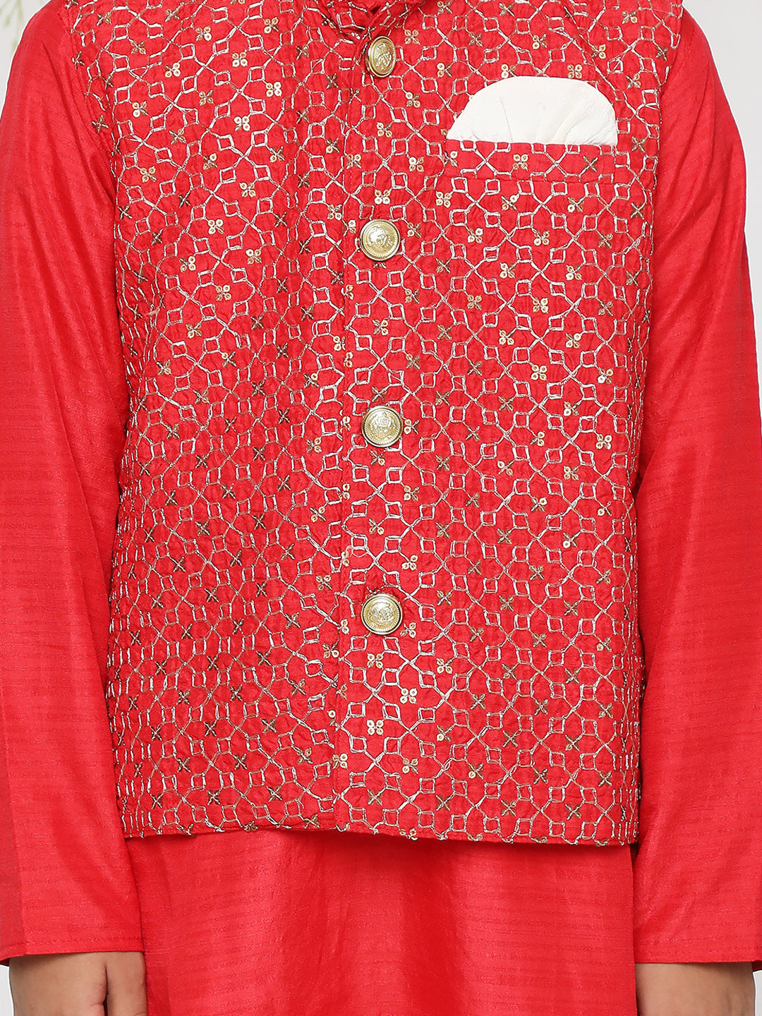 Boy - Red Kurta with Jaal Design Jacket & Pyjama