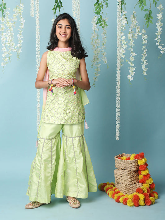 Girl - Green Kurta Sharara Set with Pink Dupatta