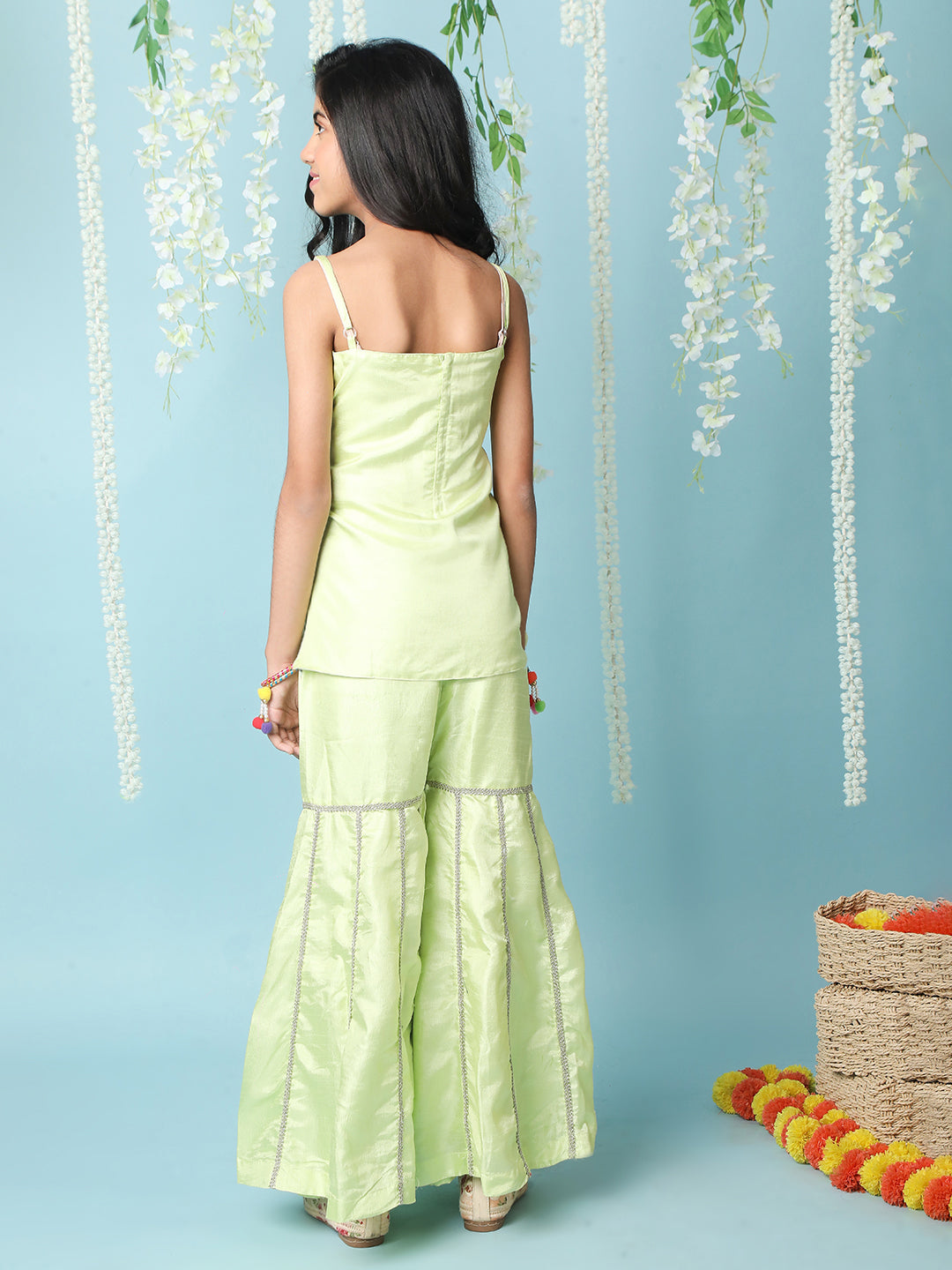 Girl - Green Kurta Sharara Set with Pink Dupatta