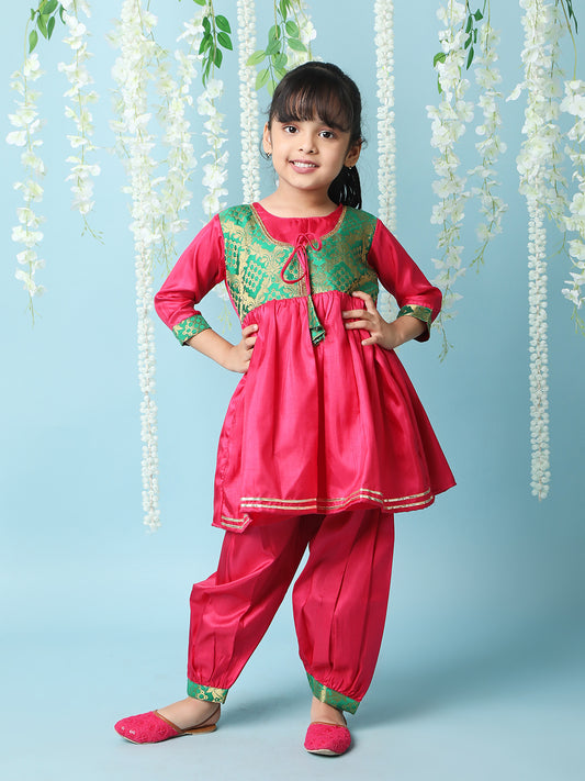 Girl - Pink & Green Anarkali Style Kurta Salwar Set