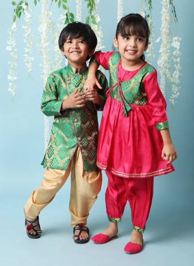 Girl - Pink & Green Anarkali Style Kurta Salwar Set
