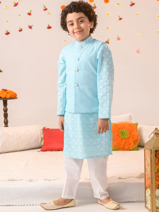 Boy - Light Blue Cotton Kurta Pyjama & Jacket Set