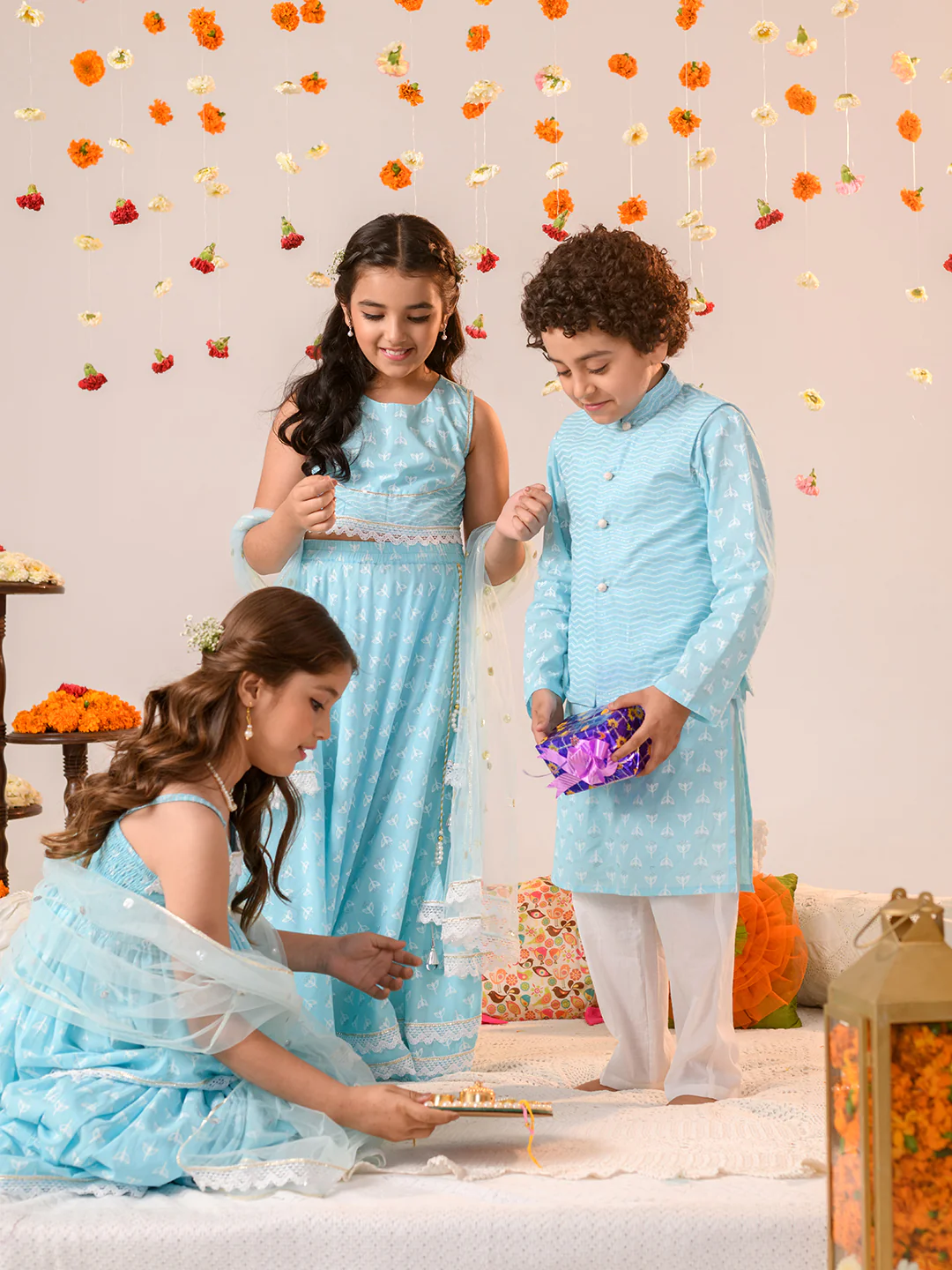 Boy - Light Blue Cotton Kurta Pyjama & Jacket Set