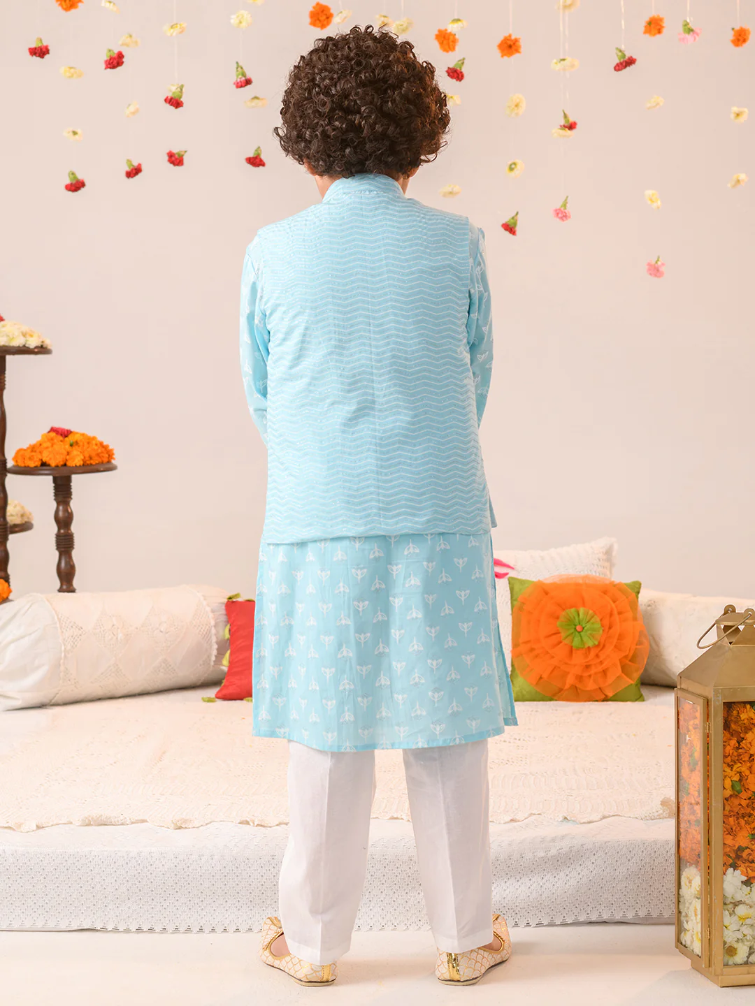 Boy - Light Blue Cotton Kurta Pyjama & Jacket Set