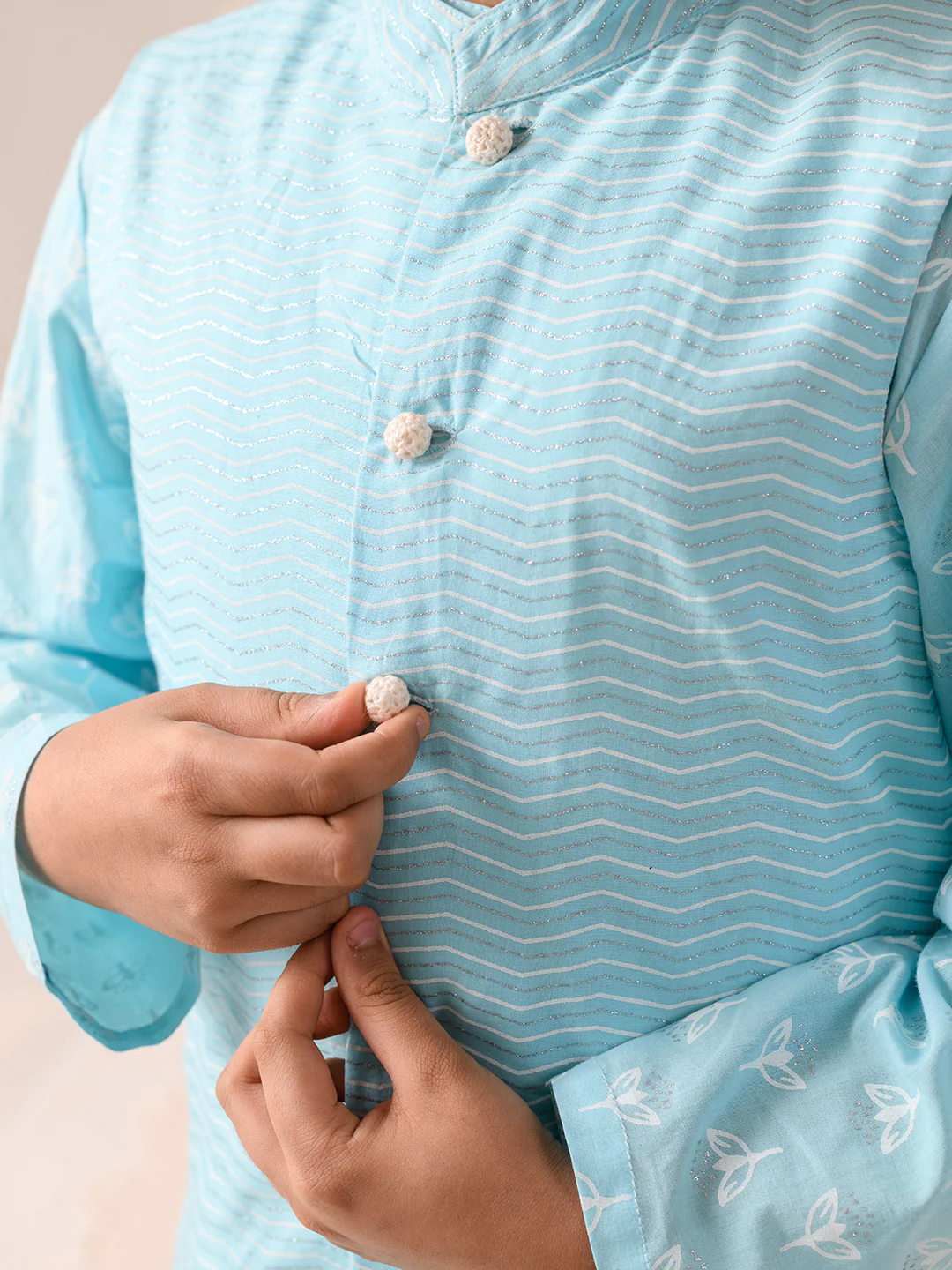 Boy - Light Blue Cotton Kurta Pyjama & Jacket Set