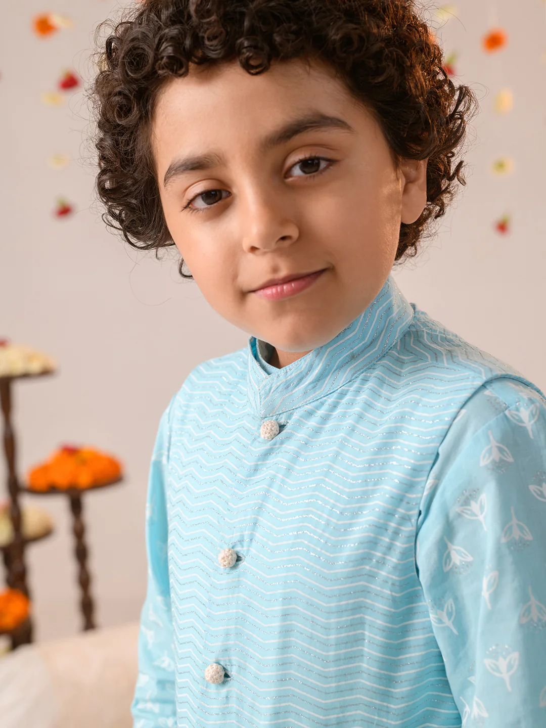 Boy - Light Blue Cotton Kurta Pyjama & Jacket Set