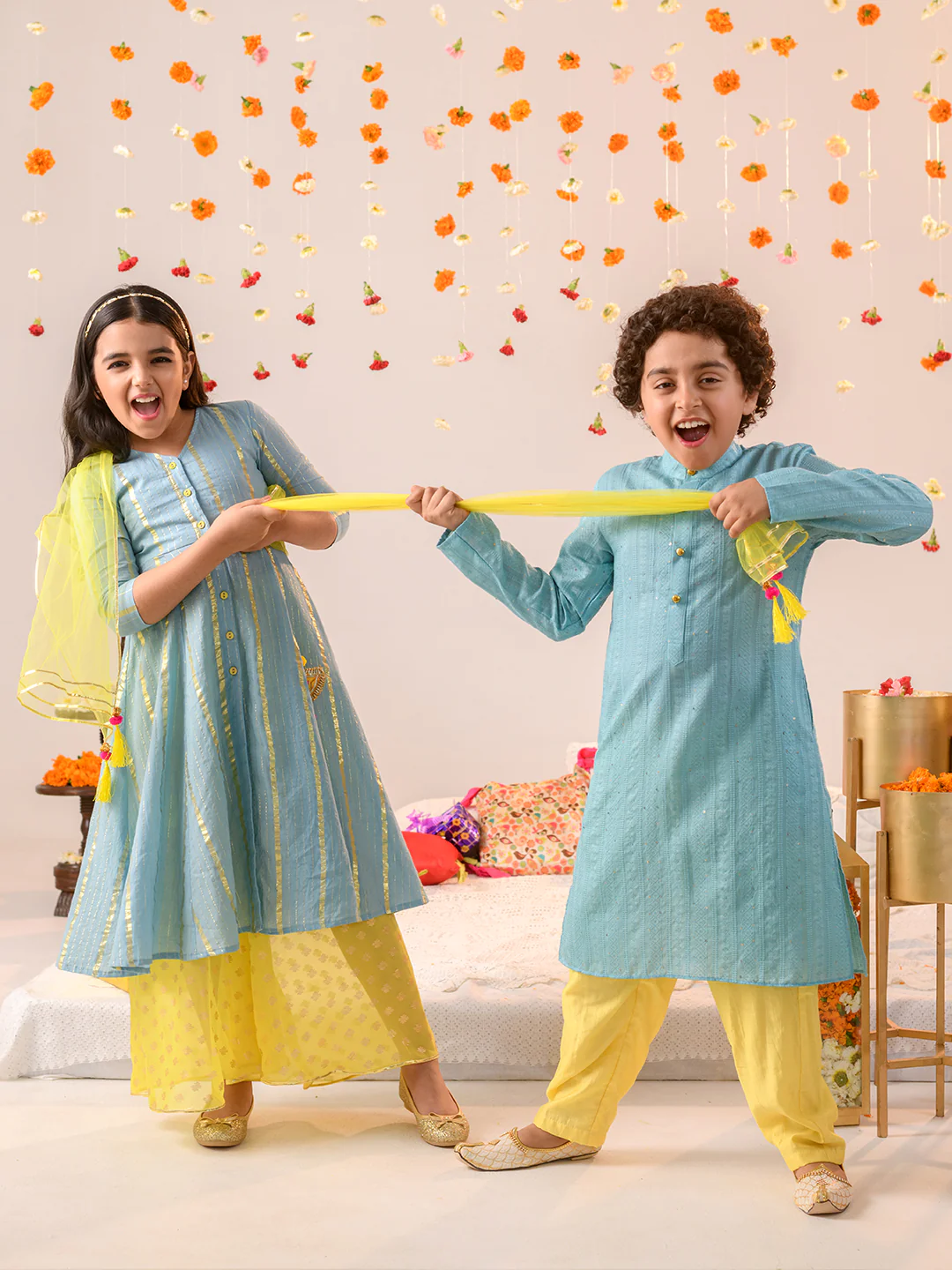 Boy - Blue & Yellow Long Kurta & Pyjama Set