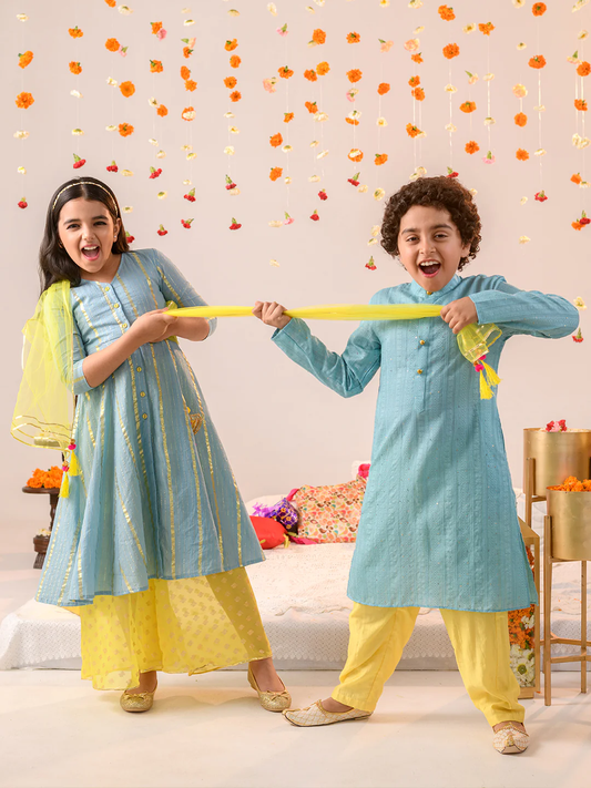 Boy - Blue & Yellow Long Kurta & Pyjama Set