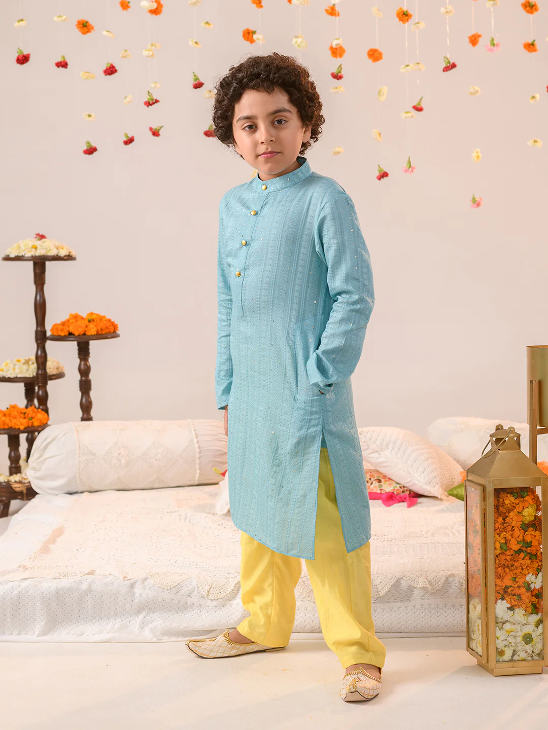 Boy - Blue & Yellow Long Kurta & Pyjama Set