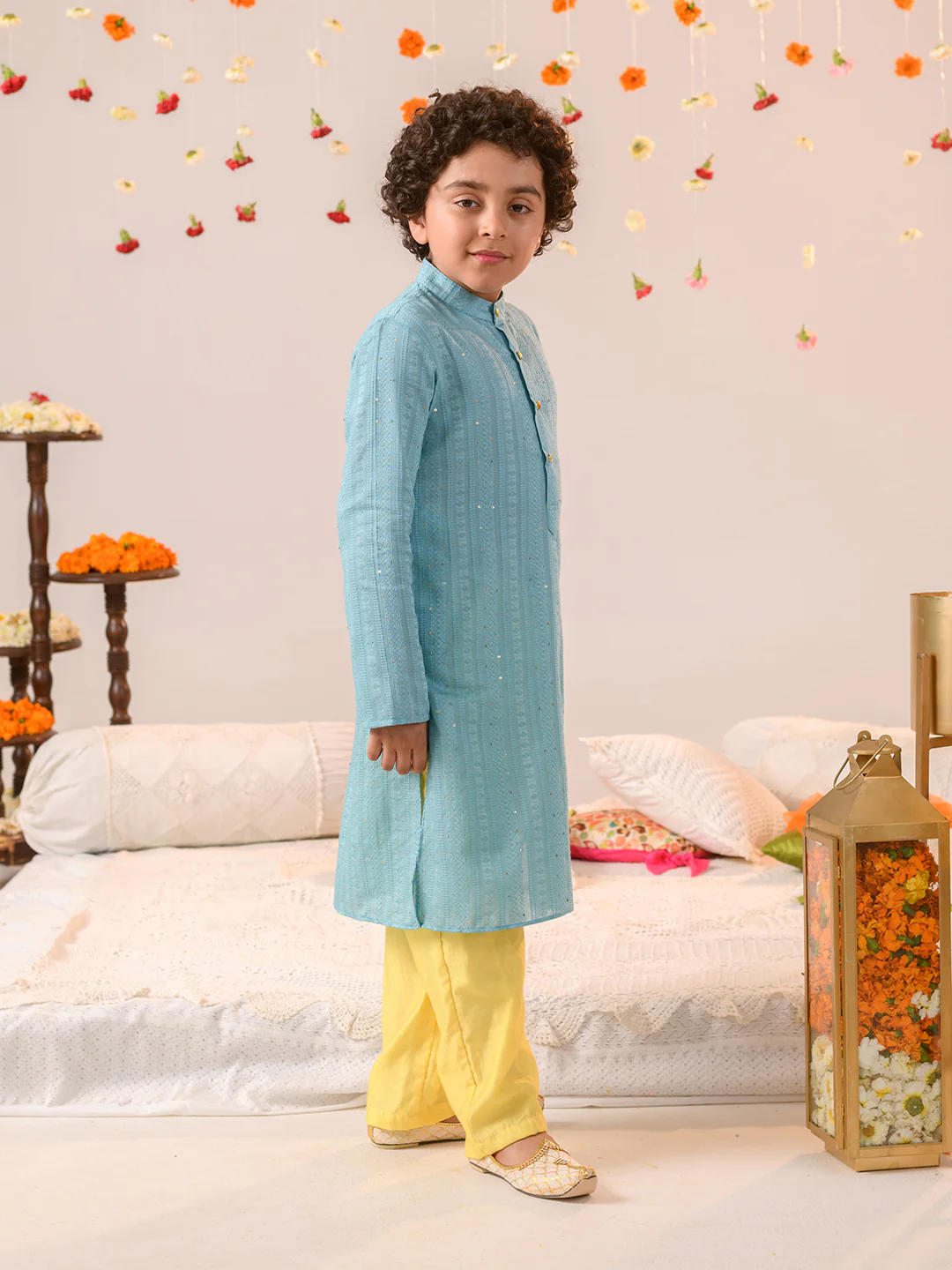 Boy - Blue & Yellow Long Kurta & Pyjama Set