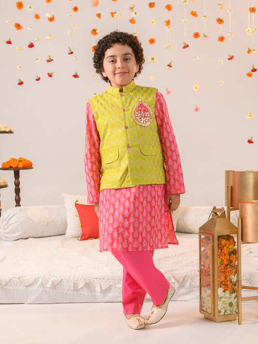 Boy - Cotton Green Jacket with Gotta Patta work & Pink Kurta Pyjama Set