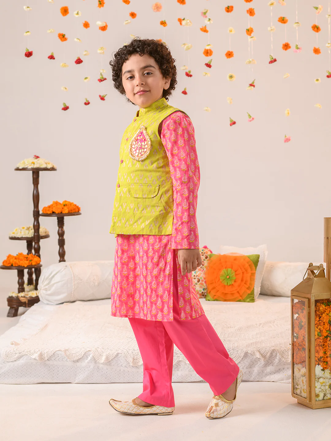 Boy - Cotton Green Jacket with Gotta Patta work & Pink Kurta Pyjama Set