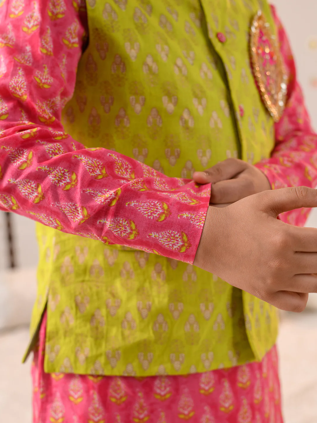 Boy - Cotton Green Jacket with Gotta Patta work & Pink Kurta Pyjama Set