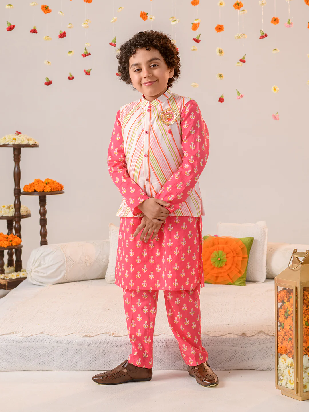 Boy - Cotton Stripe Print Jacket with Pink Kurta Pyjama Set