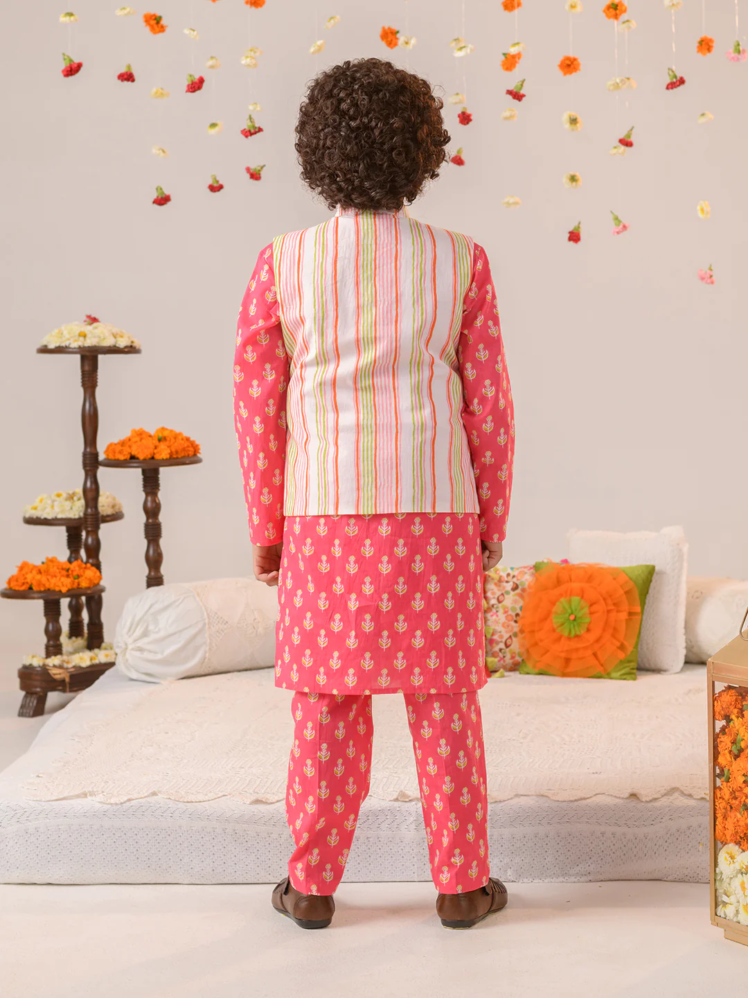 Boy - Cotton Stripe Print Jacket with Pink Kurta Pyjama Set