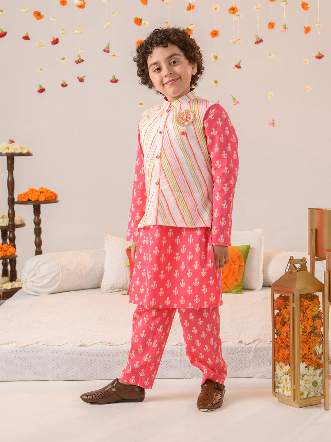 Boy - Cotton Stripe Print Jacket with Pink Kurta Pyjama Set