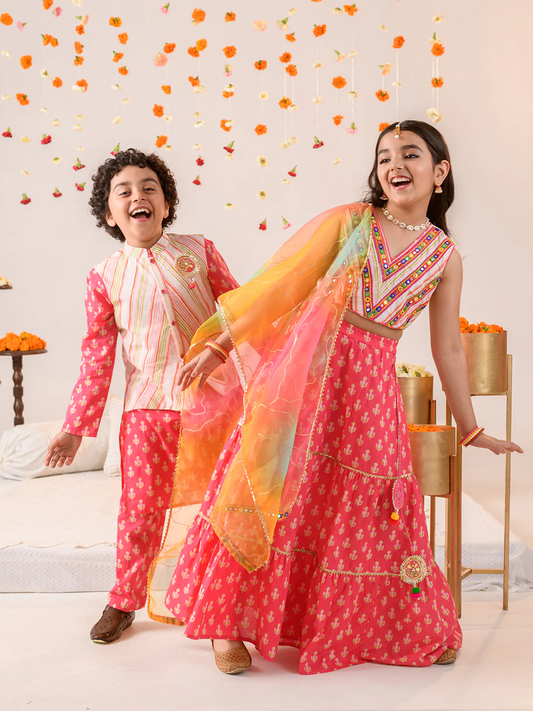 Boy - Cotton Stripe Print Jacket with Pink Kurta Pyjama Set