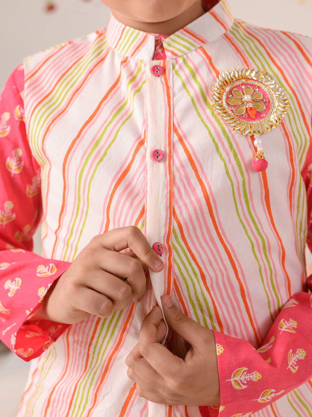 Boy - Cotton Stripe Print Jacket with Pink Kurta Pyjama Set