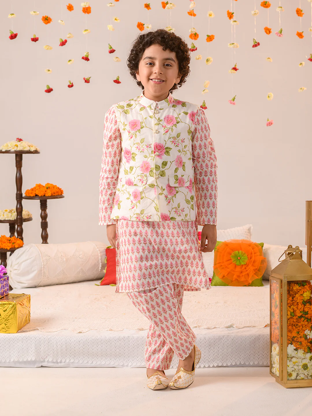 Boy - Offwhite Floral Jacket with Kurta & Pyjama Set