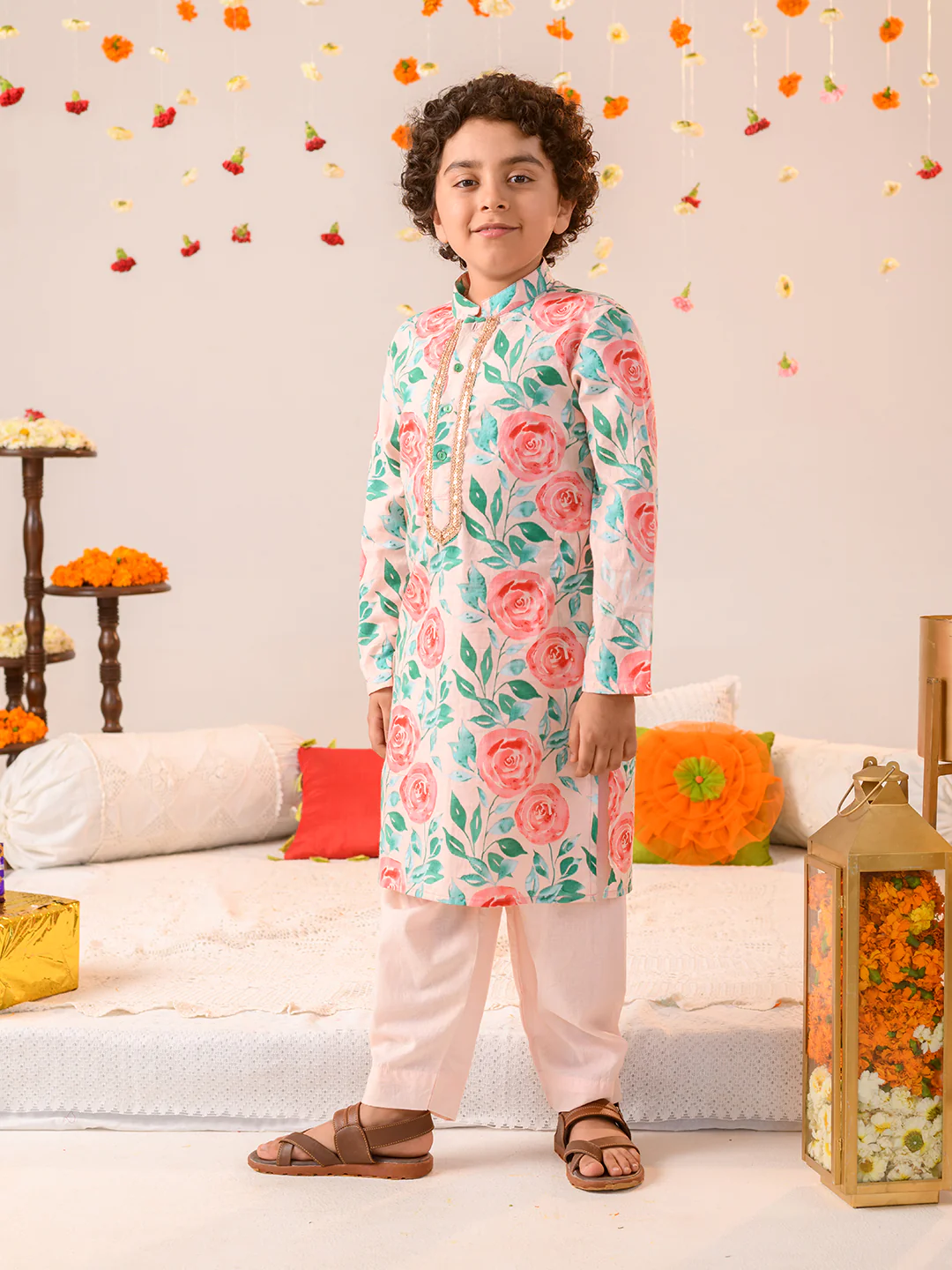 Boy - Pink & Green Floral Print Cotton Kurta Pyjama Set