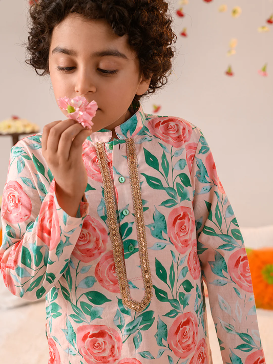 Boy - Pink & Green Floral Print Cotton Kurta Pyjama Set