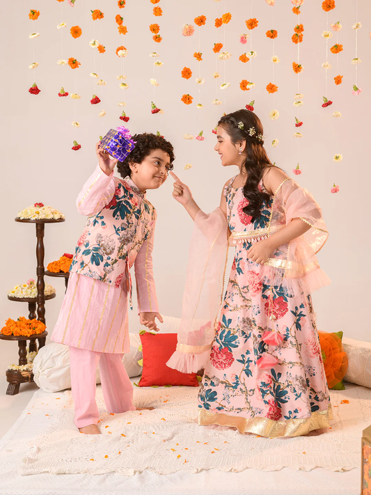 Boy - Pink Floral Kurta Pyjama & Jacket