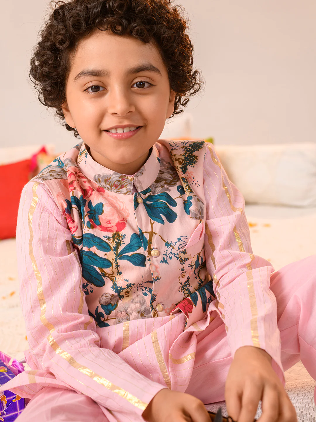 Boy - Pink Floral Kurta Pyjama & Jacket