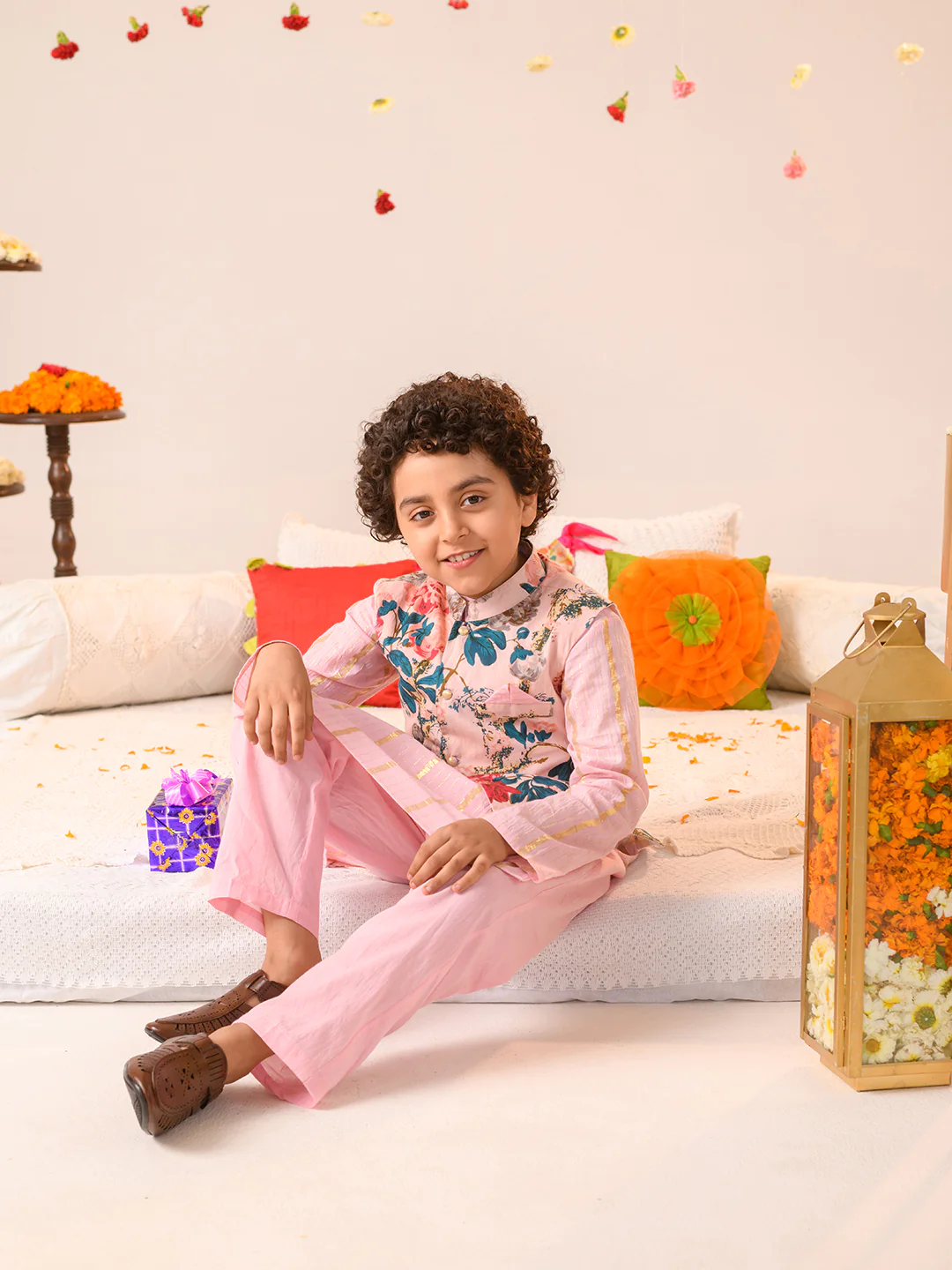 Boy - Pink Floral Kurta Pyjama & Jacket