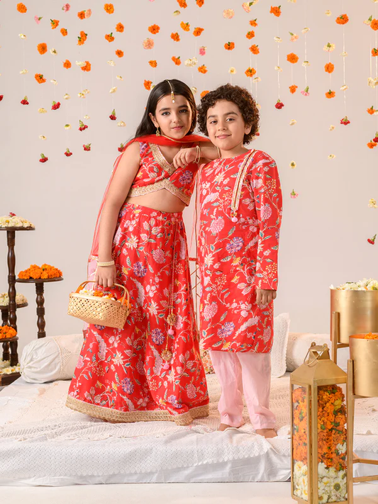 Boy Red Floral Print Kurta & Pyjama