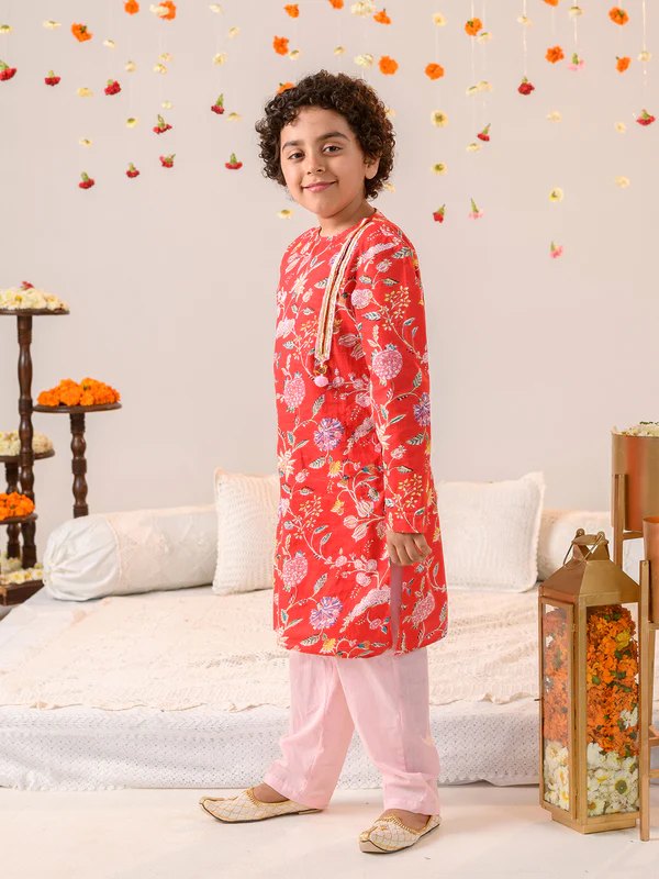 Boy Red Floral Print Kurta & Pyjama