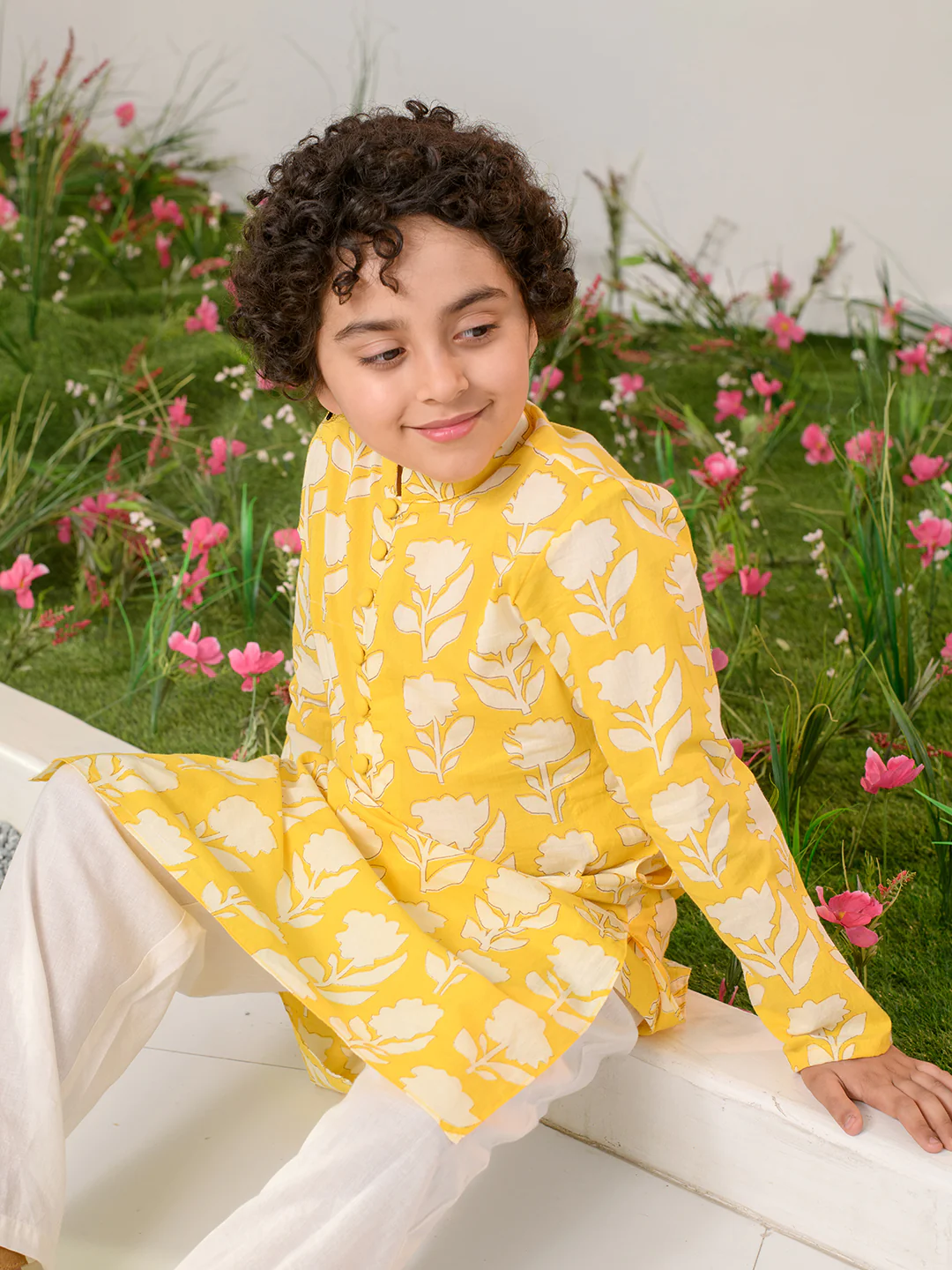 Boy Yellow White Floral Print Cotton Kurta Pyjama Set