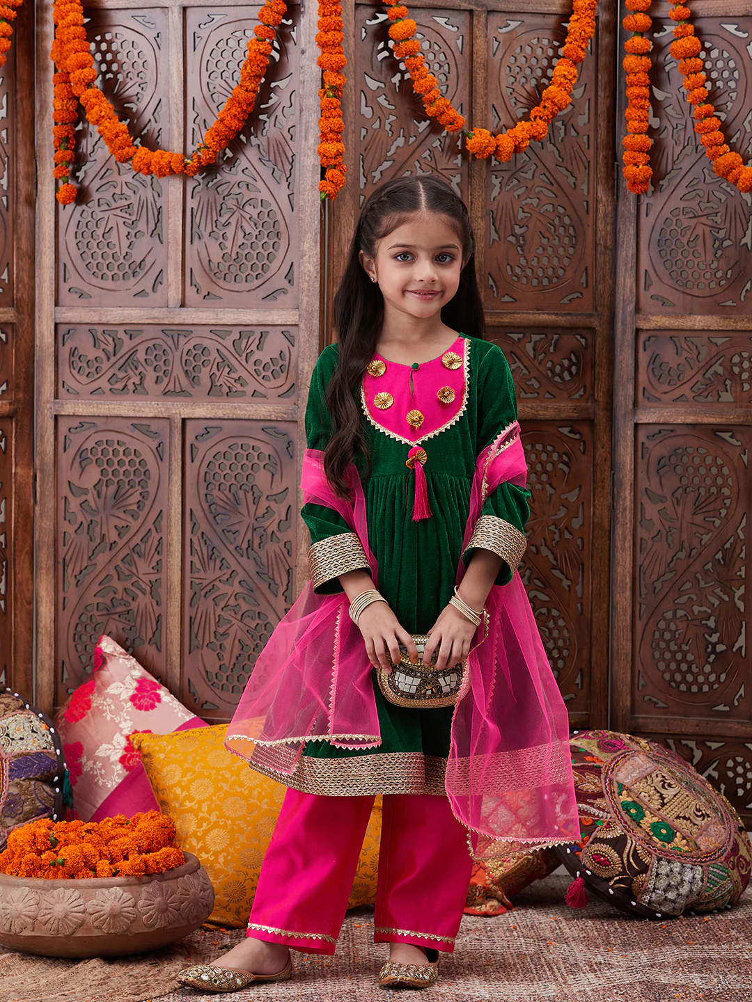 Girl - Green Velvet Kurta with Pink Raw Silk Pant with Dupatta