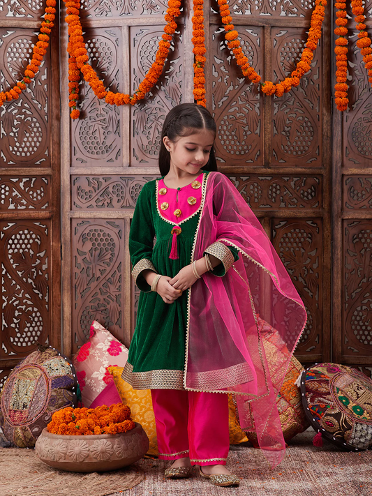 Girl - Green Velvet Kurta with Pink Raw Silk Pant with Dupatta