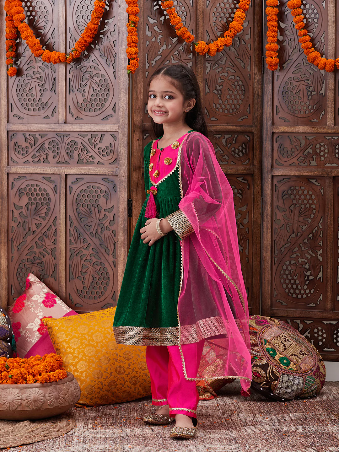 Girl - Green Velvet Kurta with Pink Raw Silk Pant with Dupatta