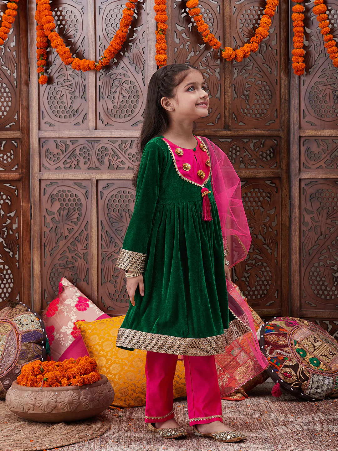 Girl - Green Velvet Kurta with Pink Raw Silk Pant with Dupatta