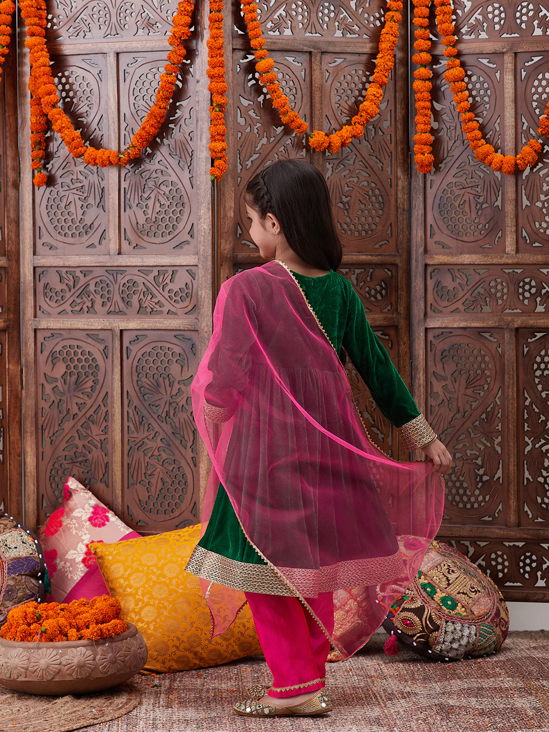Girl - Green Velvet Kurta with Pink Raw Silk Pant with Dupatta
