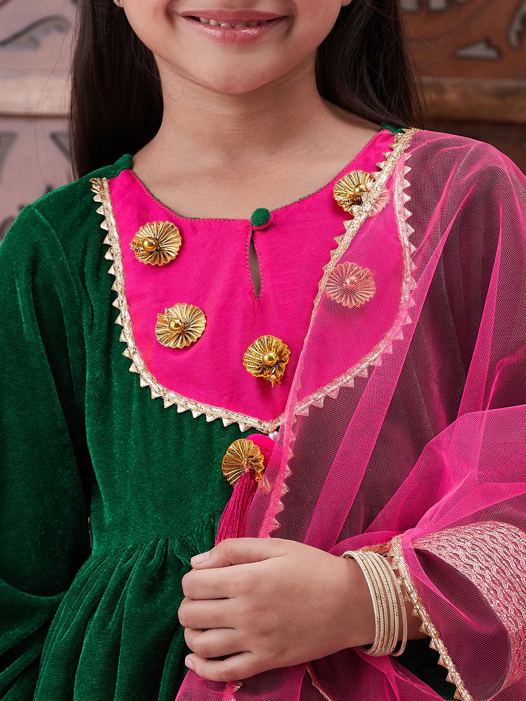 Girl - Green Velvet Kurta with Pink Raw Silk Pant with Dupatta