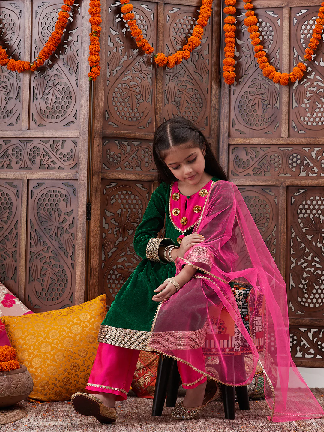 Girl - Green Velvet Kurta with Pink Raw Silk Pant with Dupatta