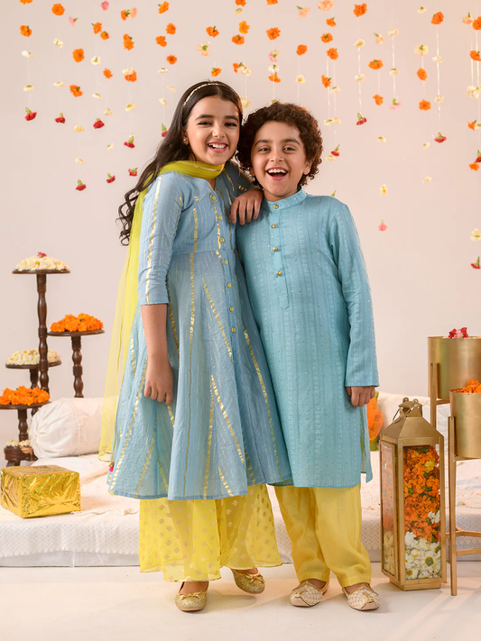 Girl - Blue Kurta with Yellow Sharara & Dupatta Set