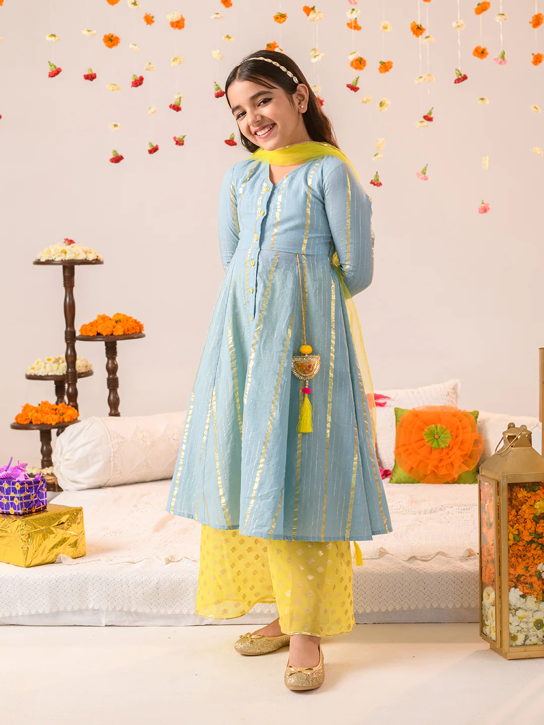 Girl - Blue Kurta with Yellow Sharara & Dupatta Set