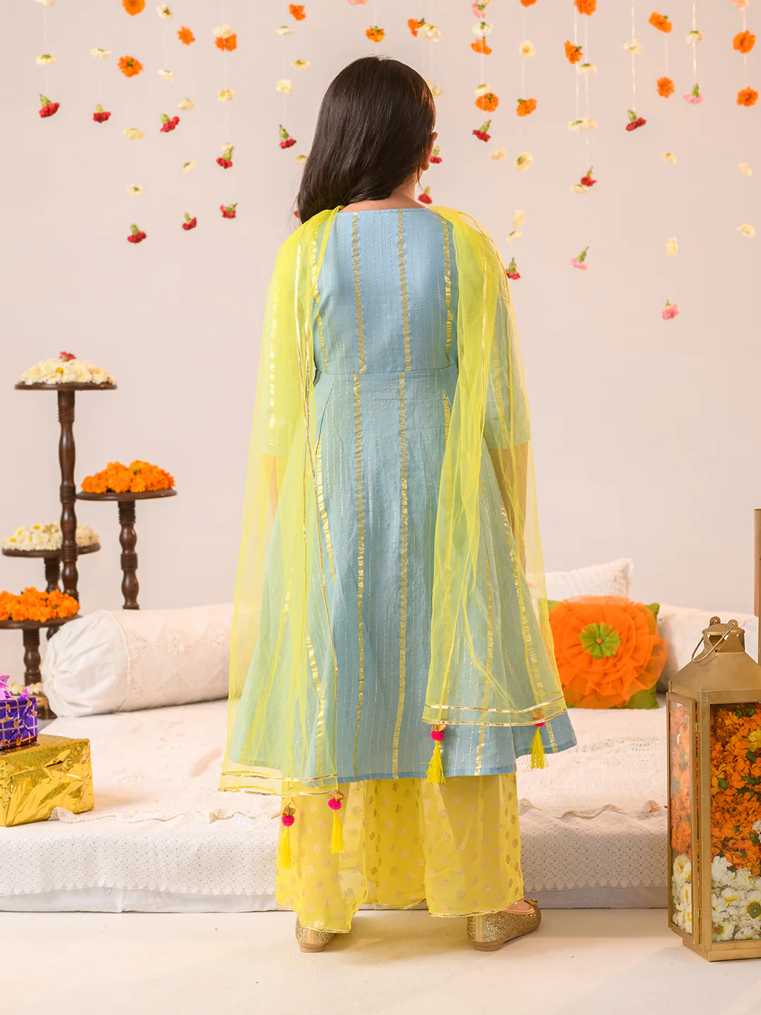 Girl - Blue Kurta with Yellow Sharara & Dupatta Set