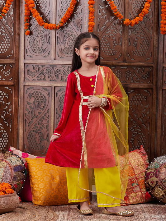 Girl - Magenta Velvet Kurta with Yellow Raw Silk Pant with Dupatta