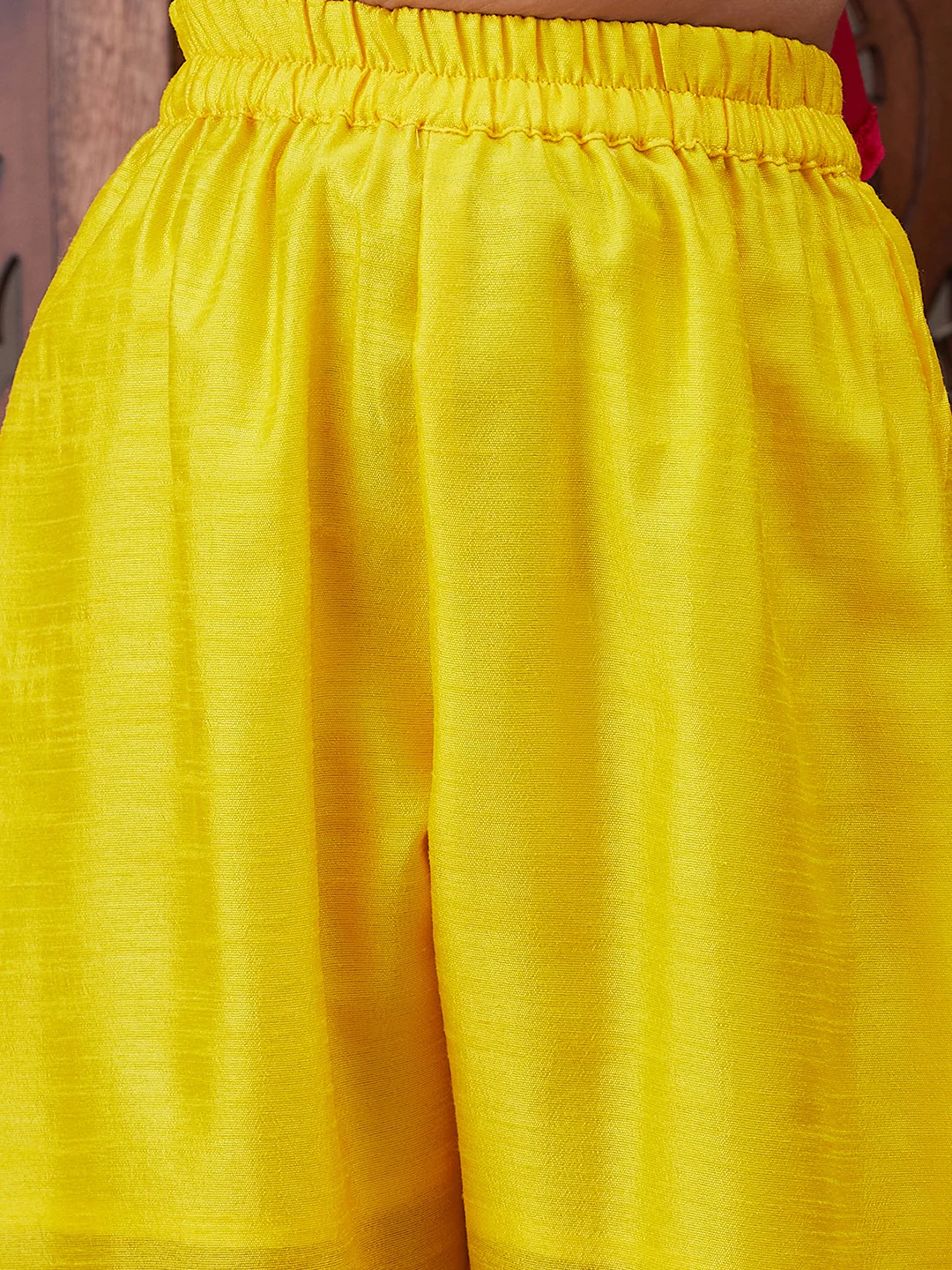 Girl - Magenta Velvet Kurta with Yellow Raw Silk Pant with Dupatta