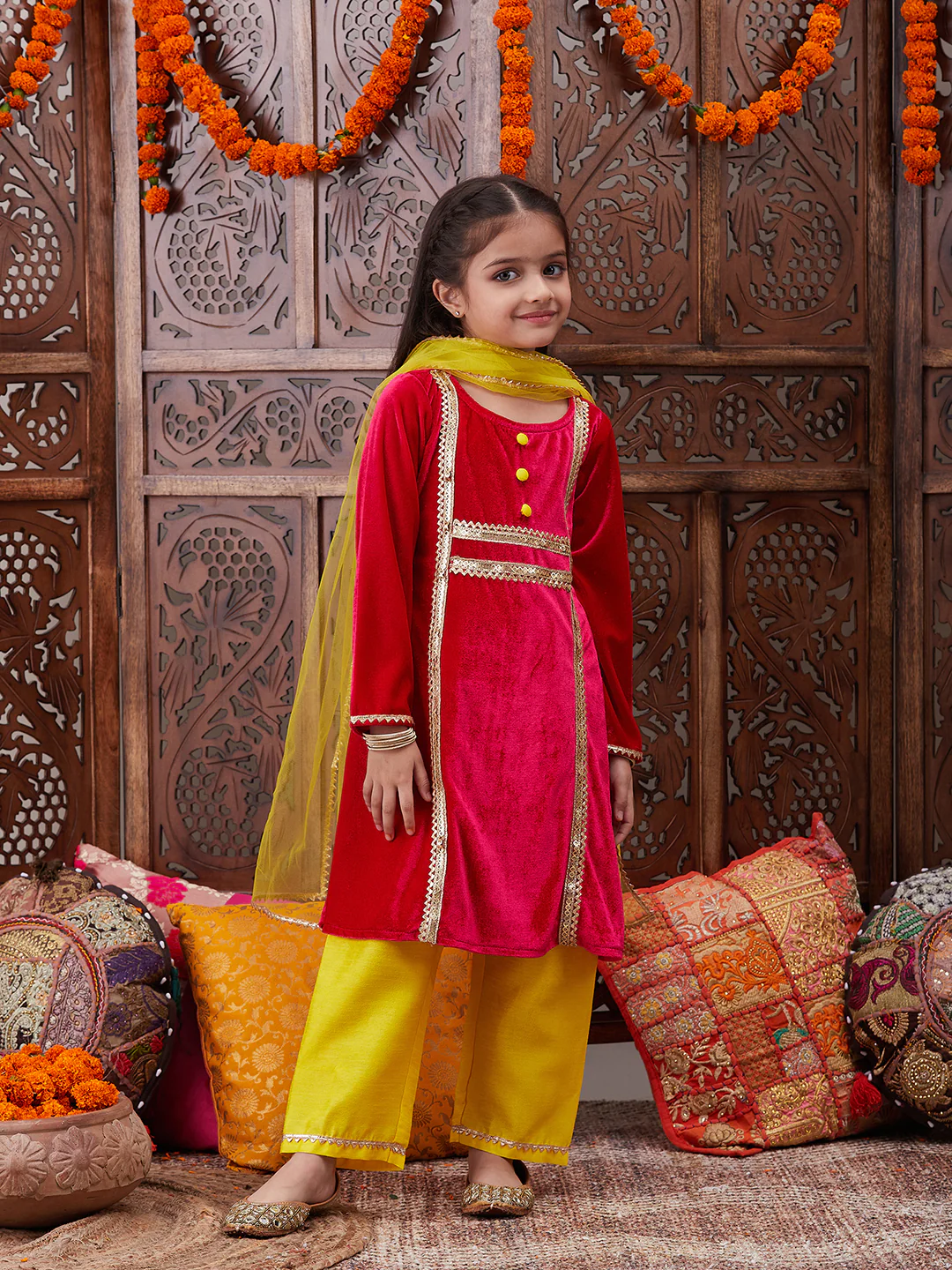 Girl - Magenta Velvet Kurta with Yellow Raw Silk Pant with Dupatta