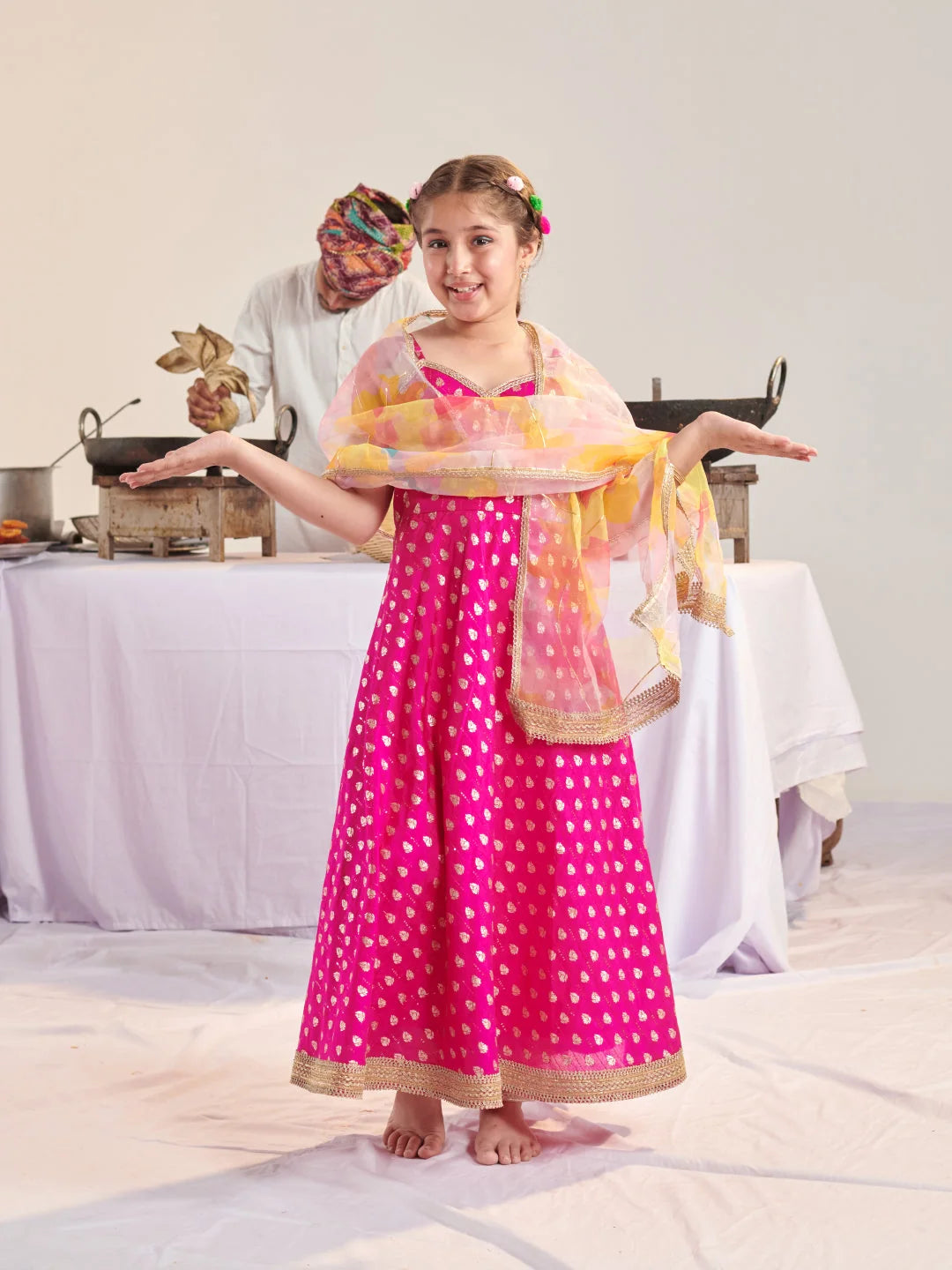Girl - Pink Brocade Silk A-Line Kurta Pant Set With Dupatta